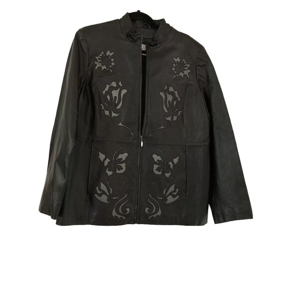 Nolan Miller Stiff Leather Jacket Glamour Women’s Large Black & Gray Embroidery - Picture 3 of 9